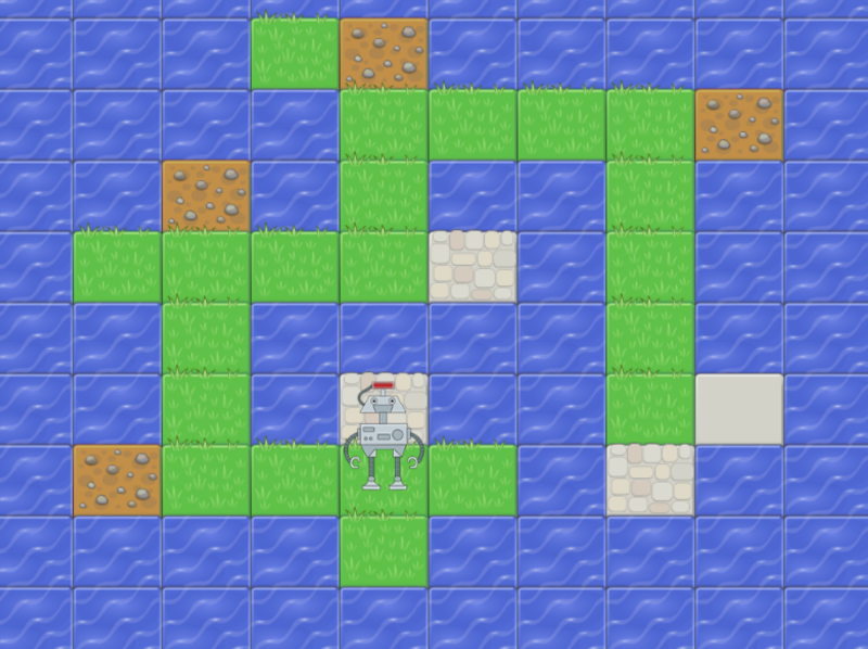2d game graphics of a robot on a grass path which is surrounded by water